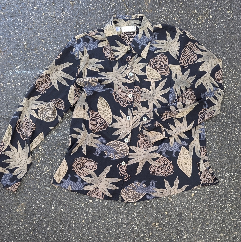 Vintage 90s Kathy Che Botanical Leopard Button Up Top